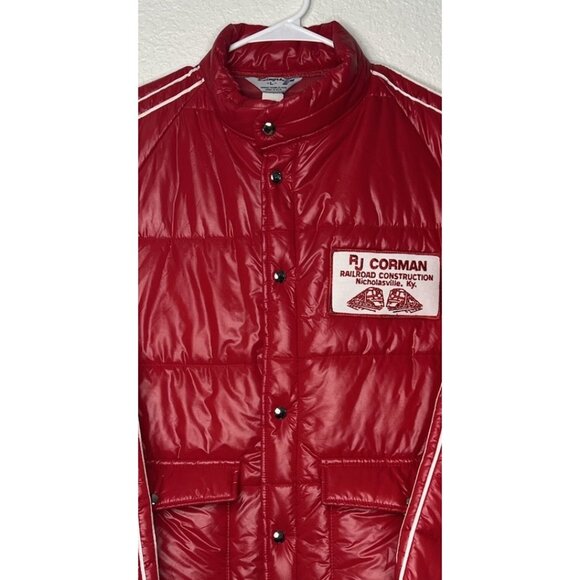 VTG Swingster Puffer Style Coat Red Sz L Made USA  RJ CORMAN Railroad Patch - Picture 2 of 16